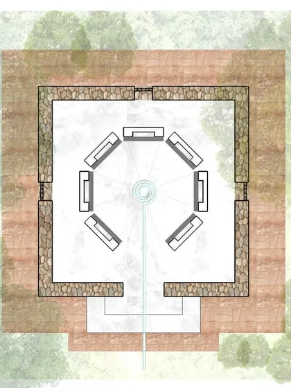 The plan for a secluded meditation space designed for the IIHMR University campus in Jaipur. The octagonal seating arrangement is centered around a focal point, creating a space for quiet contemplation in the forest.