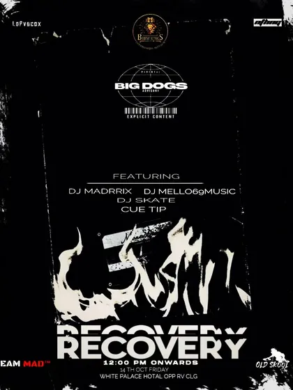 "Recovery" party flyer for a Friday noon event with a gritty, industrial theme.