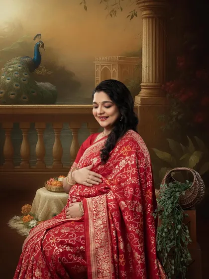 We can create fine art portraits that honor your heritage. This client wore a beautiful red Banarasi saree, which we complemented with a painterly, regal backdrop featuring a peacock, resulting in a portrait that feels both personal and majestic.