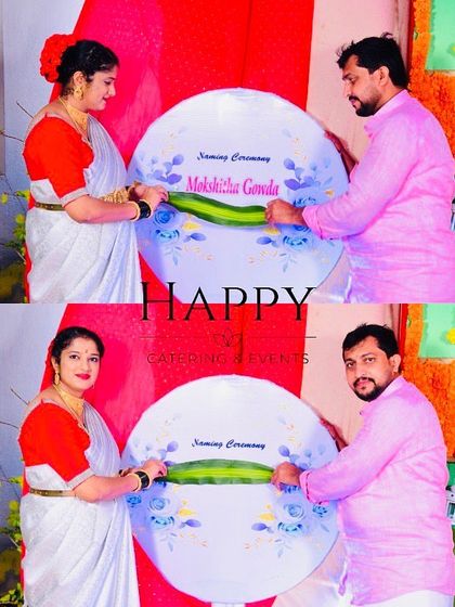 The happy parents revealing their baby's name, "Mokshitha Gowda," on a custom-designed circular board during the naming ceremony.