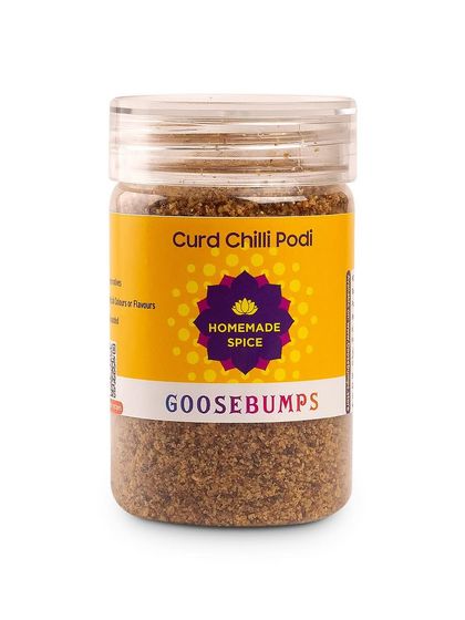 A clean product shot of my Curd Chilli Podi. This jar holds a traditional, handmade spice blend crafted with care to bring the vibrant and tangy flavours of the South to your home.