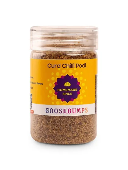 A clean product shot of my Curd Chilli Podi. This jar holds a traditional, handmade spice blend crafted with care to bring the vibrant and tangy flavours of the South to your home.