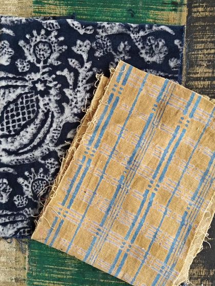 We love to experiment with printing on different natural fabrics. Here you can see the beautiful results of using a natural resin discharge print on both corduroy and velvet.