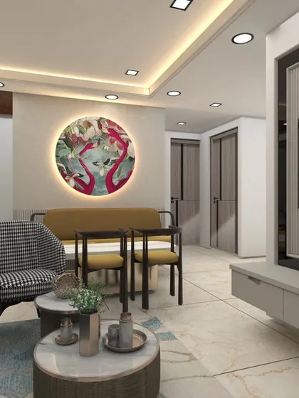 This compact living area design cleverly uses a mix of seating options and a statement art piece to create a vibrant, functional space. The layout maximizes seating without feeling crowded.