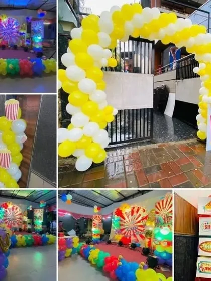 A collage showcasing a carnival or circus-themed birthday party. The decor features bright primary colors, popcorn-themed balloon columns, and a grand entrance arch.
