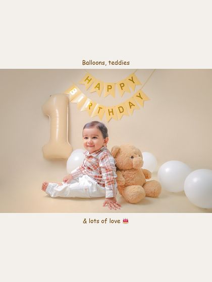 A sweet first birthday setup with a "Happy Birthday" banner, balloons, and a teddy bear. I provide all the props to create the perfect scene.