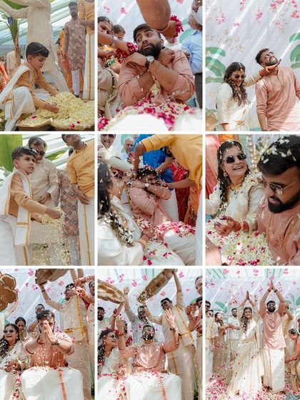 A grid of photos showing the 'phoolon ki haldi' in full swing, with everyone joining in to shower the couple with petals.