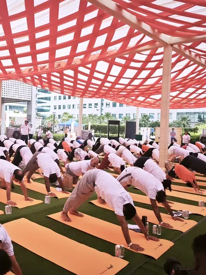 I also have experience managing large-scale wellness events for corporations. Here, I am leading a session for a large group, demonstrating poses like Downward Dog that energize the body and mind.