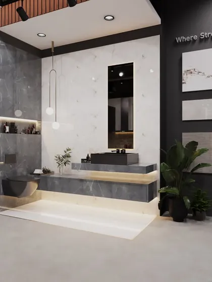 We designed this retail store for a leading tile manufacturer. The space features dynamic layouts with life-sized bathroom and living area mockups, allowing customers to see the tiles in a real-world setting.