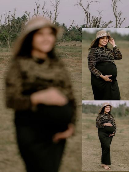 A creative collage of a solo maternity portrait. The blurred foreground image draws the eye to the clear, happy portraits of the mother-to-be, showcasing her radiant smile in a natural, outdoor setting.