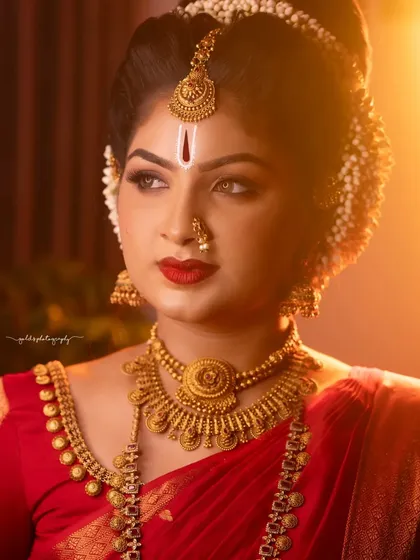 A close-up portrait with warm backlighting that creates a beautiful rim light around the bride's hair and shoulders. Her expression is confident and serene.