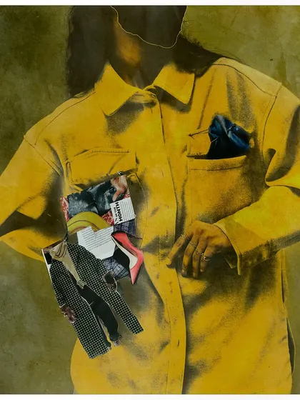 An abstract take from the 'from the pages' series, where the model's face is obscured. The focus shifts entirely to the collage on the yellow jacket, emphasizing the concept of clothes as a canvas for cultural commentary.