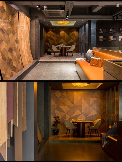 A look into the client discussion area, which is surrounded by different veneer applications. The design ensures that the product is always the hero, seen in both raw forms and finished installations.