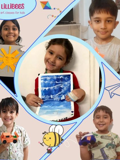 A collage of our happy students with their amazing artwork. Join us and watch your child's creativity flourish.