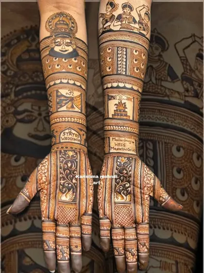 A unique "2 States" wedding theme brought to life through henna, blending cultures in one design. One arm features a detailed Kathakali mask representing the groom's Mallu heritage, while the other depicts traditional Marathi dancers for the bride, creating a beautiful narrative of their union.