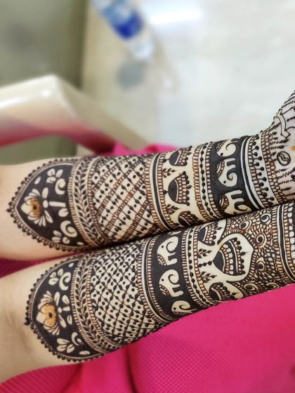 A detailed shot of the arm bands for Harshita's baby shower mehendi. I included rows of elephants and intricate geometric patterns for a truly royal look.