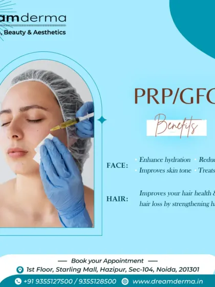 This graphic details the benefits of PRP/GFC for both face and hair, highlighting its ability to enhance hydration, treat acne scars, and strengthen hair roots.