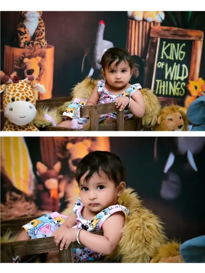 A two-photo collage capturing the baby's inquisitive side during her jungle shoot. Her direct gaze into the camera makes for a powerful and engaging portrait.