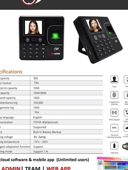 For high-security needs, I offer biometric access control systems. This device supports both face recognition and fingerprint scanning, along with card and PIN access. It is a professional solution for offices and businesses that need to track attendance and manage access securely.