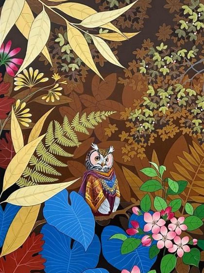 A detailed view of one of Ganapati Hegde's surrealistic canvases, where flora, fauna, and fantastical storytelling come alive.