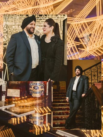 A collage capturing the joy and glamour of the 60th birthday celebration, from couple portraits to details of the stunning, custom-designed venue.