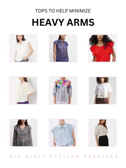 A shopping guide of tops that help minimize heavy arms. This visual collage shows different styles with features like flutter sleeves, dolman sleeves, and relaxed fits.