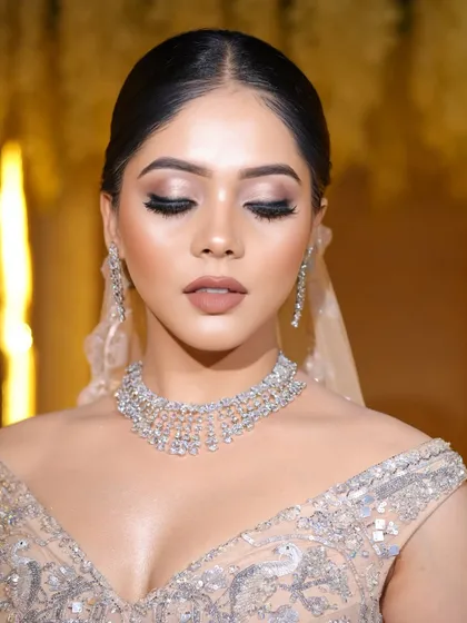 A detailed close-up of the eye makeup. This soft cut-crease with a nude lip is a very popular and versatile look for modern brides.