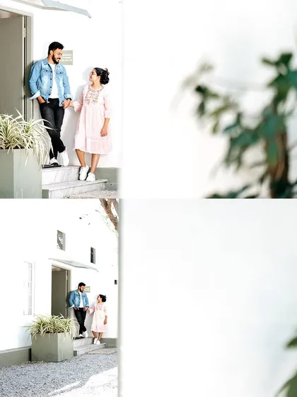 A duplicate of image 42, a diptych showing a couple in a bright, white-walled location for a contemporary pre-wedding look.