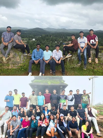 A collage showing the group at different points on the Kodachadri trek, from sitting on a fort wall to reaching the misty peak.