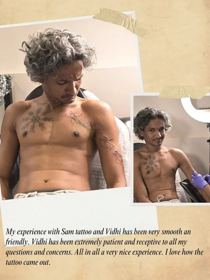 "My experience with Sam tattoo and Vidhi has been very smooth an friendly." A happy client with his new Peter Pan and chest tattoos.