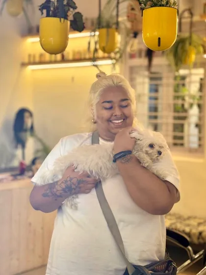 Your fur babies are always welcome here. This is a happy client getting a cuddle in with her pup during her visit. My salon is a pet-friendly space for all the animal lovers out there.