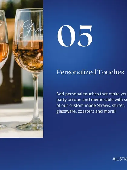 An informational graphic highlighting our personalized touches, including custom straws, stirrers, glassware, and coasters.