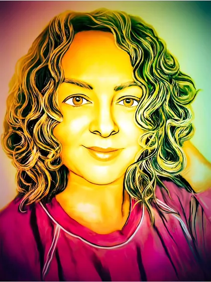 A creative edit of the portrait with a rainbow gradient, showing the fun possibilities of digital art.