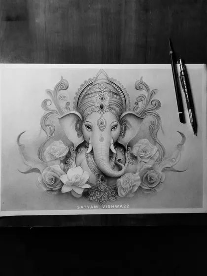 A majestic portrait of Lord Ganesha surrounded by floral patterns. This is a more decorative style, perfect for creating a serene and beautiful focal point in a room.