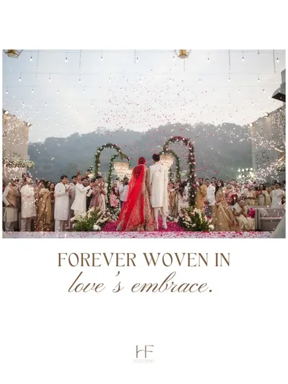 A beautifully framed shot of the couple on stage after their Varmala, with the text 'Forever woven in love's embrace'.