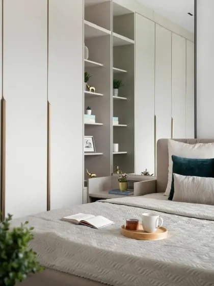 For this bedroom, we designed a floor-to-ceiling wardrobe system in a calming, neutral palette. The unit seamlessly integrates open shelving that acts as a bedside table and display area, demonstrating how we can combine storage and style without taking up extra space.