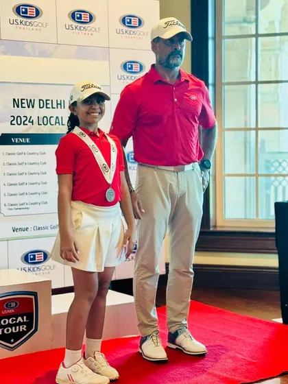 Aahana Shrivastava on the podium after securing 3rd place in the US Kids Golf Tournament at ITC Classic.