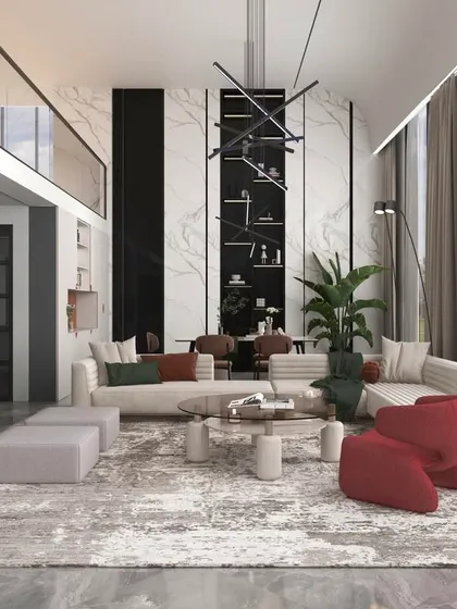 We design expansive, light-filled living rooms that serve as the perfect backdrop for your life's stories. This space combines modern furniture, high ceilings, and a neutral palette with pops of colour to create a sophisticated yet welcoming environment.