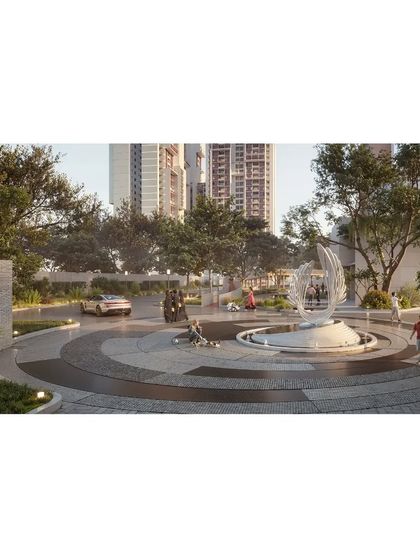The arrival plaza at 'Poetry of Earth' is designed as a welcoming public space, with a central water feature and sculpture. This area serves as a social hub and a formal entrance to the residential community.