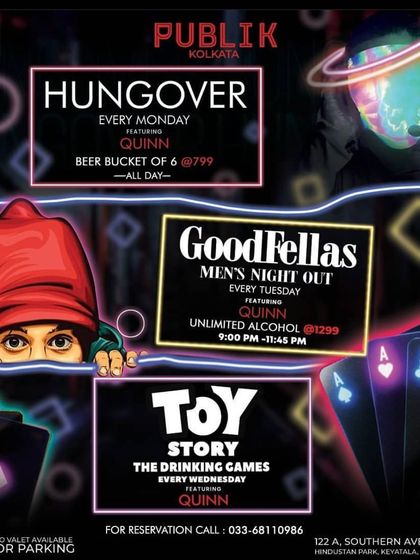 A weekly event poster for my residency at Publik, covering "Hungover" Mondays, "GoodFellas" Tuesdays, and "Toy Story" Wednesdays.
