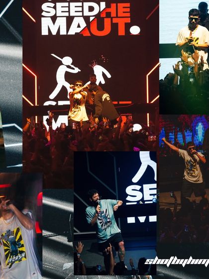 A collage capturing the chaos and energy of a Seedhe Maut show in Jaipur. This format tells the story of the entire night, from the stage to the crowd.