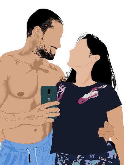 A playful and intimate selfie moment illustrated in my faceless portrait style.