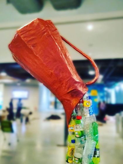 This gravity-defying installation was inspired by the work of Benjamin Von Wong and created for World Environment Day. Using hundreds of discarded plastic bottles, it visualizes the overwhelming flow of plastic waste, turning a serious issue into a thought-provoking piece of art.