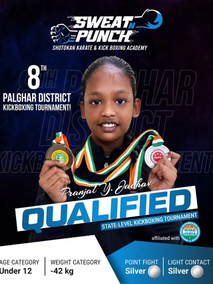 Pranjal Y. Jadhav from the Under 12 category with her two silver medals. Her consistent performance shows the strong foundation we build in our young kickboxers.