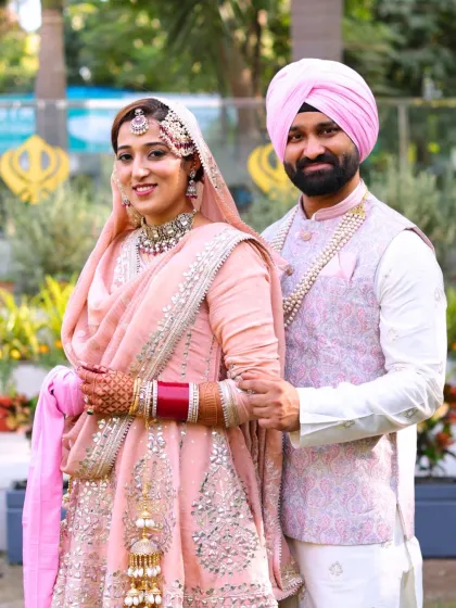 A lovely portrait of the Punjabi bride and groom. Her makeup is elegant and timeless, creating a cohesive and beautiful look with her partner.