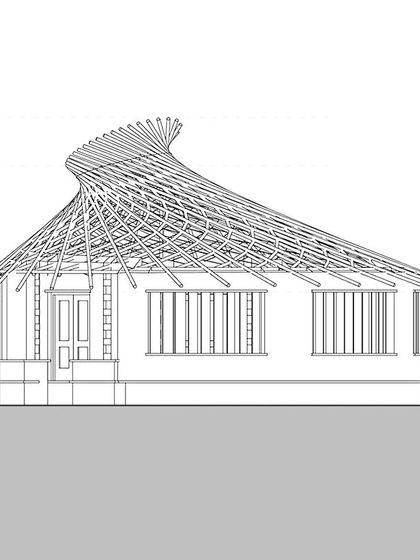 An elevation drawing showing the exposed bamboo roof structure of the yoga hall. The design proudly displays the craftsmanship of the bamboo construction, making it a key architectural feature.