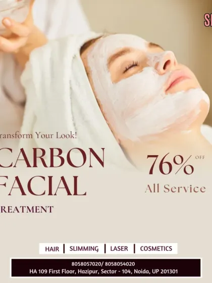 Transform your look with our Carbon Facial treatment. This "Hollywood Peel" gives you a radiant glow and flawless skin, and is now available with a special discount on all our services.