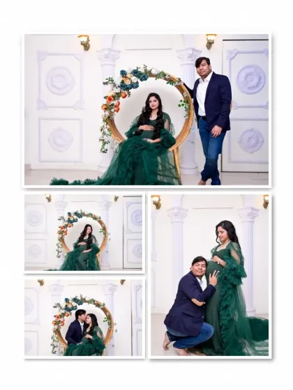 A collage of moments featuring our green tulle gown. It shows a variety of poses, from seated portraits on our floral hoop to intimate couple's shots, all in one beautiful dress.