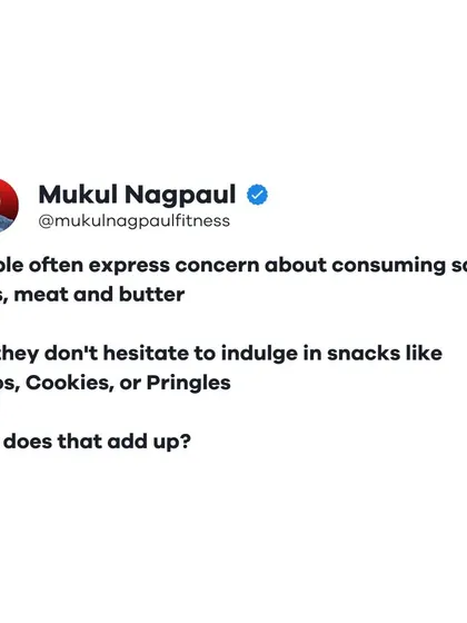 A tweet graphic questioning why people worry about healthy fats like butter and eggs but not processed snacks like Oreos. It's a reminder to focus on nutrient-dense whole foods over empty calories.
