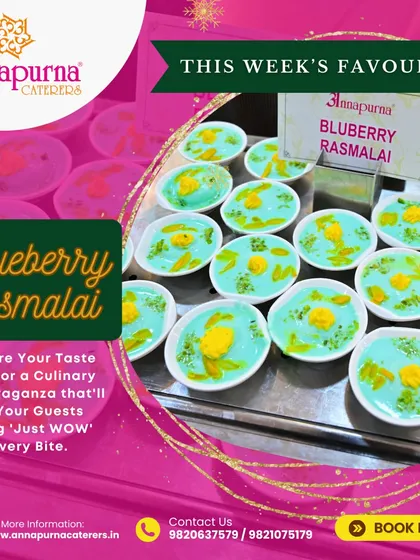 Another one of our fusion creations, the Blueberry Rasmalai. This dish gives a modern, fruity twist to a beloved Indian classic, presented in a vibrant blue hue.